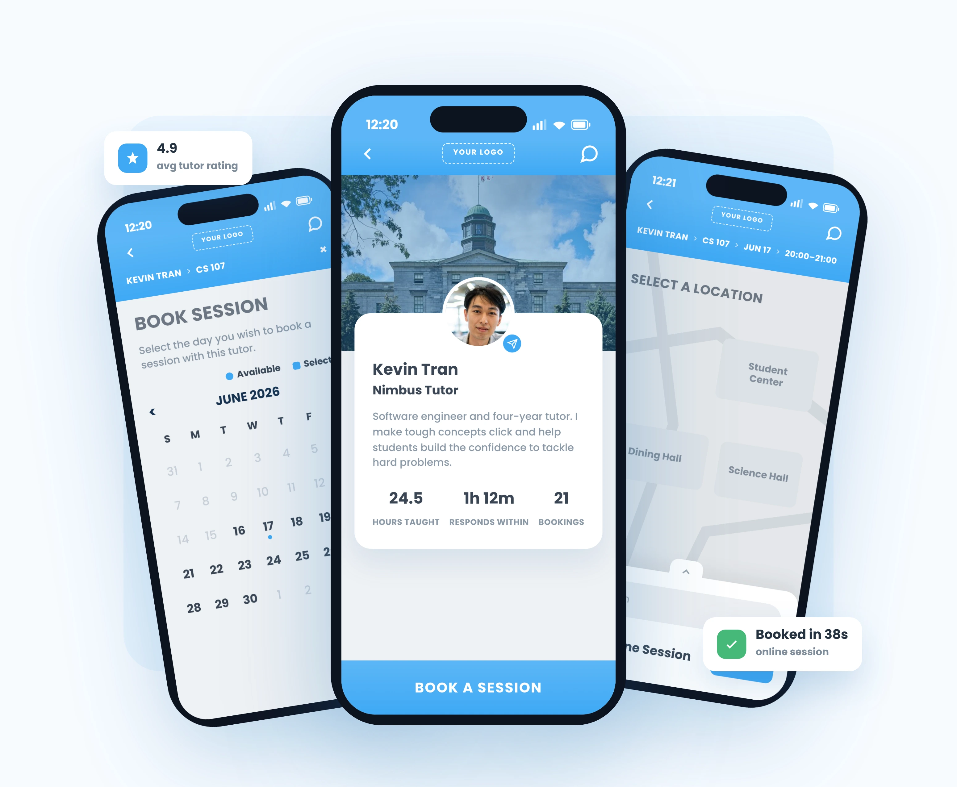 Nimbus mobile app: tutor Kevin Tran's profile under a campus photo, with a Book a session button
