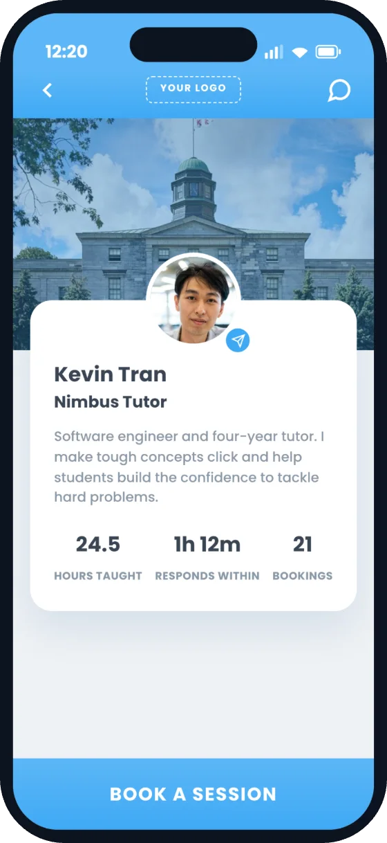 Nimbus mobile app: tutor Kevin Tran's profile under a campus photo, with a Book a session button