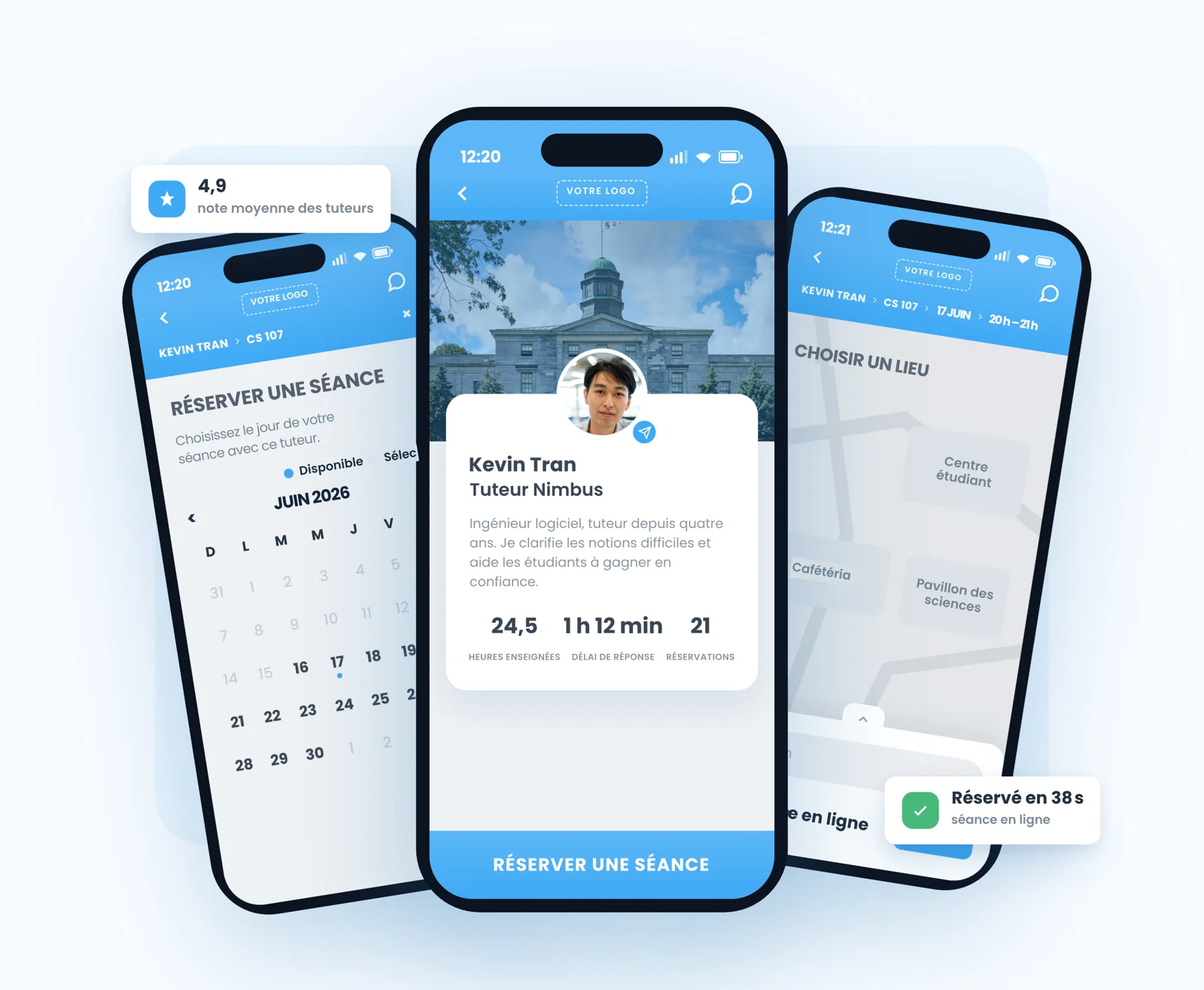 Application Nimbus en français : calendrier de réservation, profil de tuteur et choix du lieu de la séance