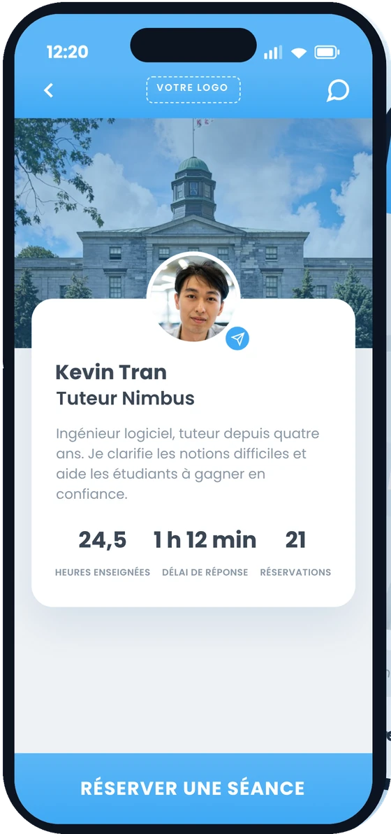 Application mobile Nimbus : le profil du tuteur Kevin Tran sous une photo du campus, avec un bouton Réserver une séance