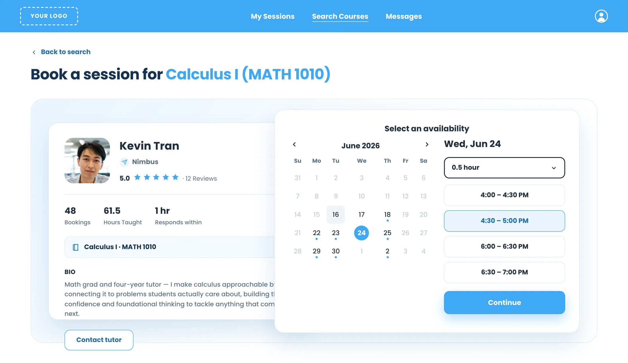 Nimbus web app: a student books a Calculus I session with tutor Kevin Tran, picking a day in June and a 30-minute time slot