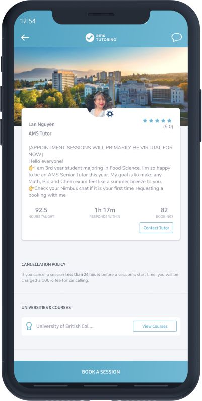 A phone open to the Nimbus Learning app and on the page of an AMS Tutor Profile. Nimbus Learning offers marketing, recruitment, scheduling, payment services. Trusted by over 250,000 students and program administrators.