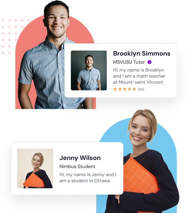 Photos of two students who use the nimbus learning platform on pink and blue backgrounds. Nimbus Learning offers marketing, recruitment, scheduling, payment services. Trusted by over 250,000 students and program administrators.