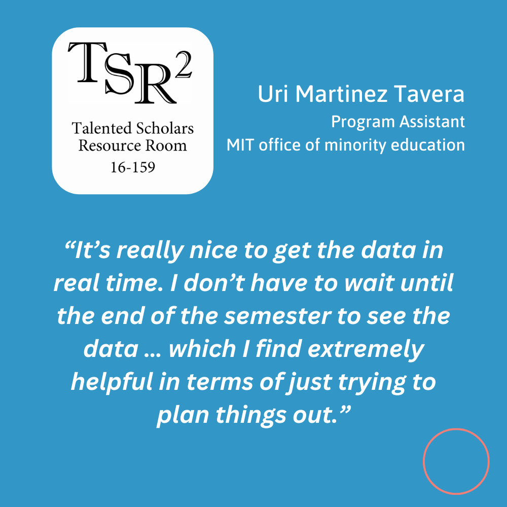 Testimonial quote for Nimbus Learning from Uri Martinez Tavera, program assistant at the MIT office of minority education. “It’s really nice to get the data in real time. I don’t have to wait until the end of the semester to see the data … which I find extremely helpful in terms of just trying to plan things out.”