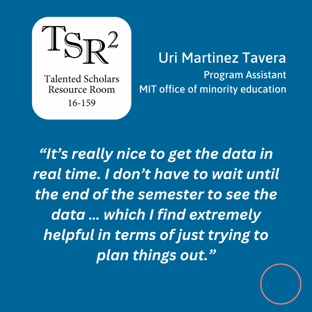 Testimonial quote for Nimbus Learning from Uri Martinez Tavera, program assistant at the MIT office of minority education. “It’s really nice to get the data in real time. I don’t have to wait until the end of the semester to see the data … which I find extremely helpful in terms of just trying to plan things out.”